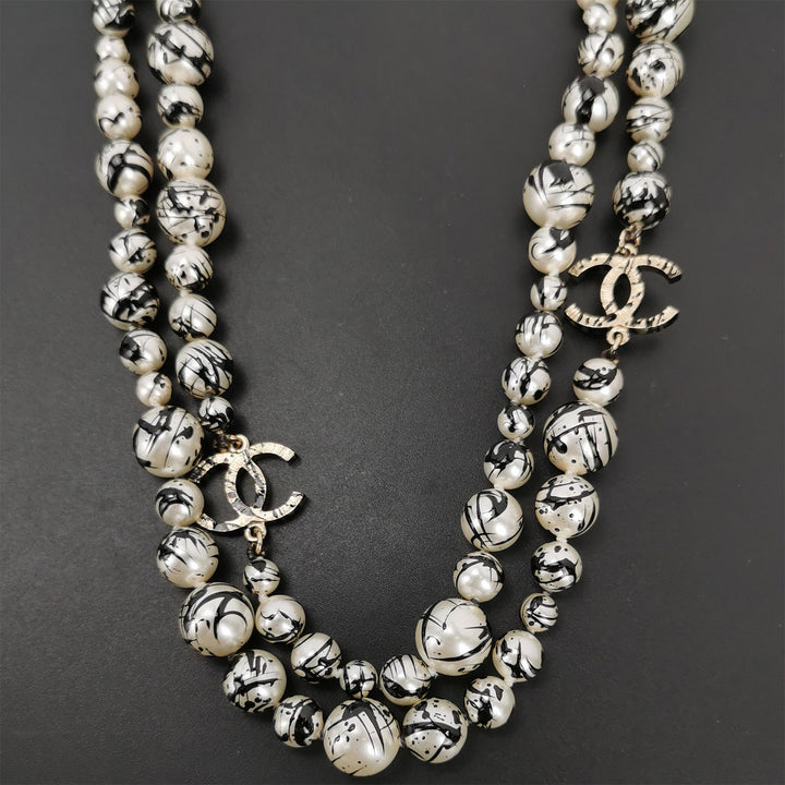 Chanel Pearl CC Graffiti Long Necklace Black Gold