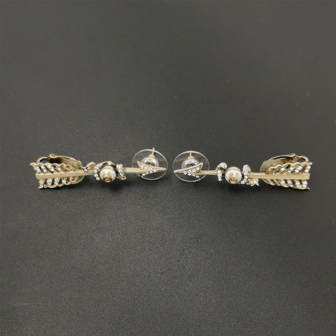 Chanel Gold Faux Pearl & Crystal Arrow Earrings