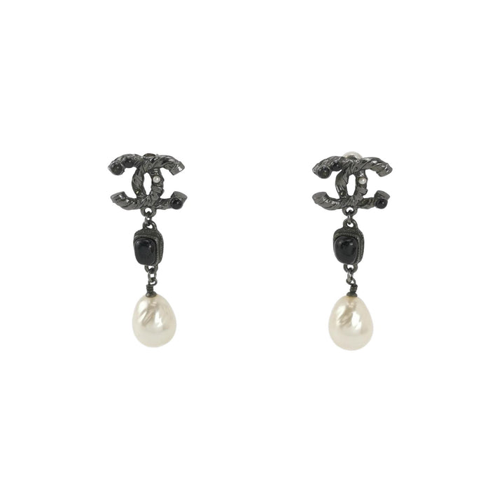 Chanel CC Logo Black Faux Pearl Dangle Earrings