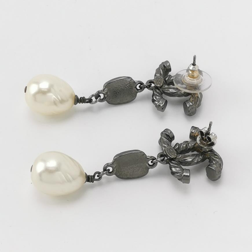 Chanel CC Logo Black Faux Pearl Dangle Earrings