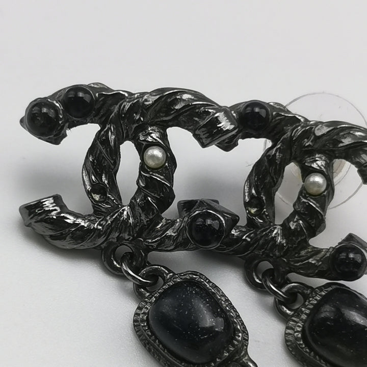 Chanel CC Logo Black Faux Pearl Dangle Earrings