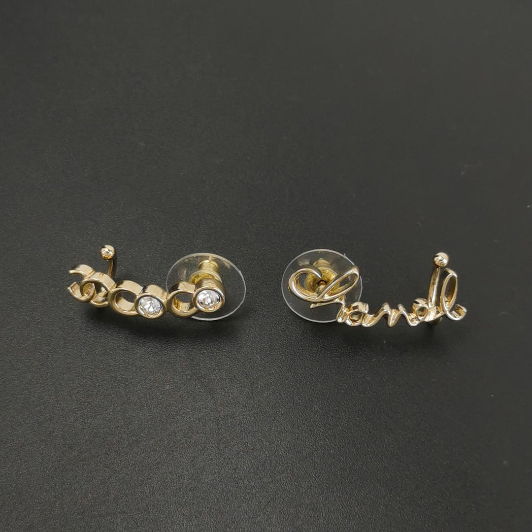 Chanel 22P Crystal Gold CC Logo Letter Coco Script Climber Earrings