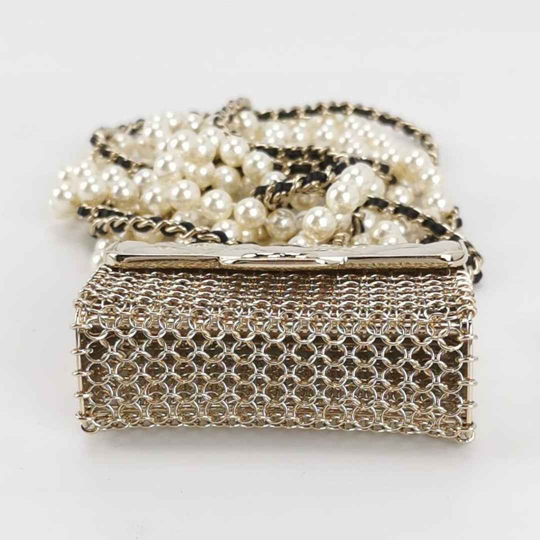 Chanel Metal Micro Flap Bag with Lambskin and Pearl Chain Long Necklace or Crossbody