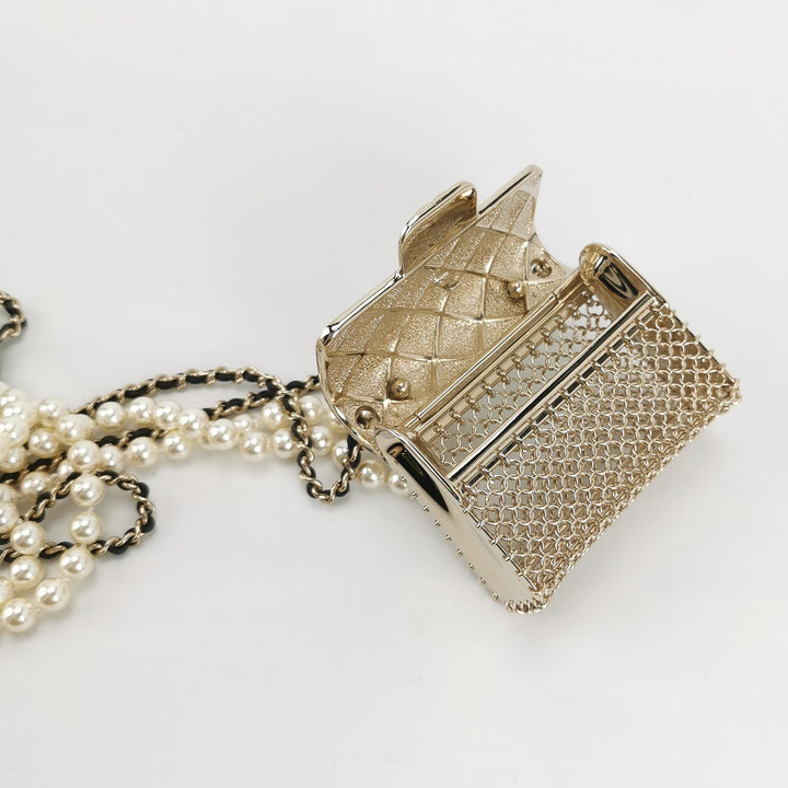 Chanel Metal Micro Flap Bag with Lambskin and Pearl Chain Long Necklace or Crossbody