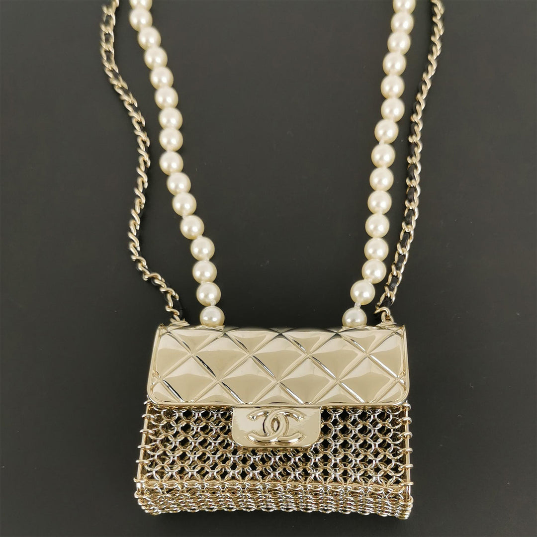 Chanel Metal Micro Flap Bag with Lambskin and Pearl Chain Long Necklace or Crossbody