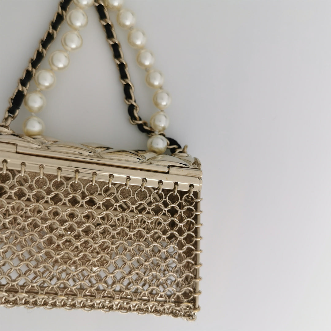 Chanel Metal Micro Flap Bag with Lambskin and Pearl Chain Long Necklace or Crossbody