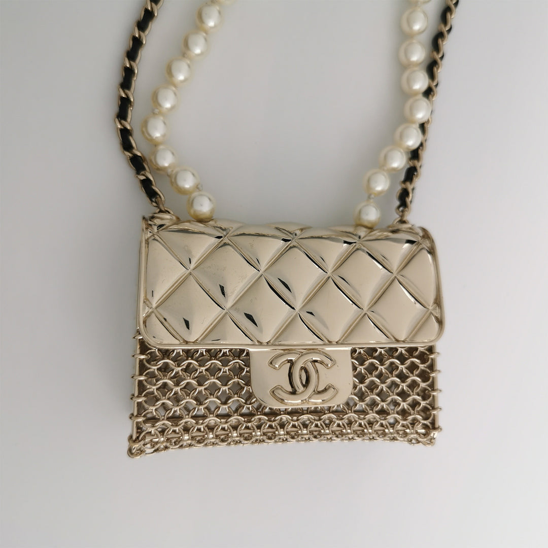 Chanel Metal Micro Flap Bag with Lambskin and Pearl Chain Long Necklace or Crossbody