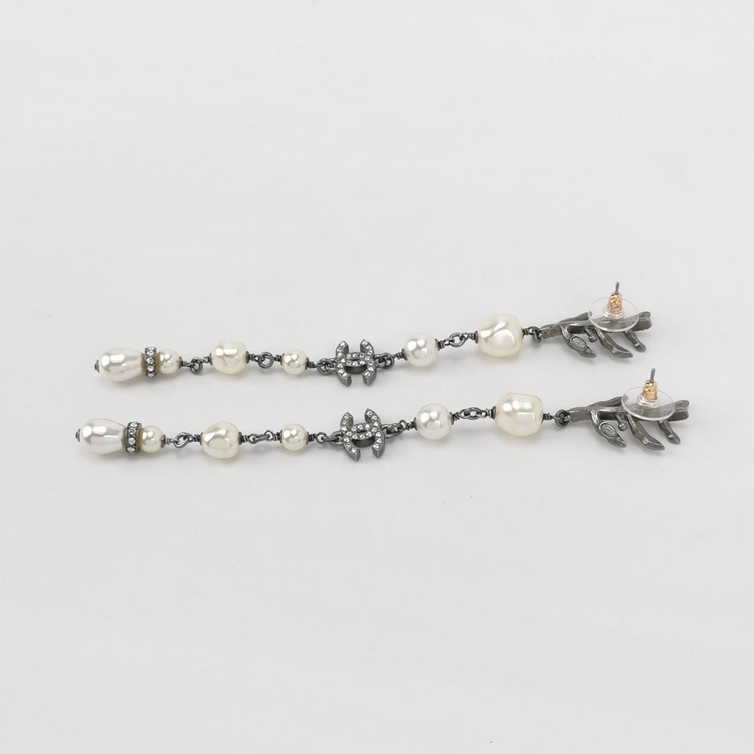 Chanel 18K Forest Leaf CC Logo White Faux Pearl Long Drop Earrings