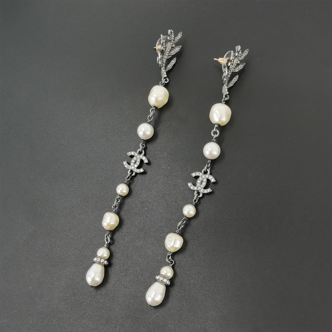 Chanel 18K Forest Leaf CC Logo White Faux Pearl Long Drop Earrings