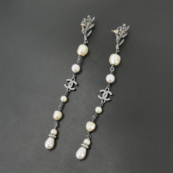 Chanel 18K Forest Leaf CC Logo White Faux Pearl Long Drop Earrings