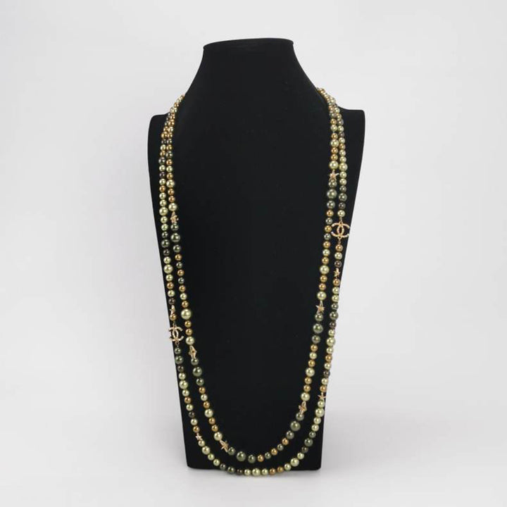 Chanel Pearl Star CC Multi Strand Long Necklace Green Gold