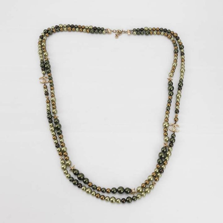 Chanel Pearl Star CC Multi Strand Long Necklace Green Gold