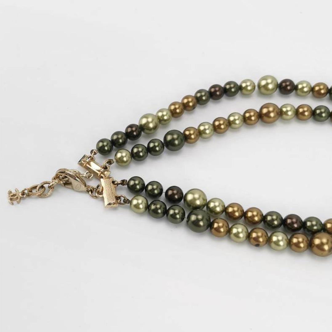 Chanel Pearl Star CC Multi Strand Long Necklace Green Gold