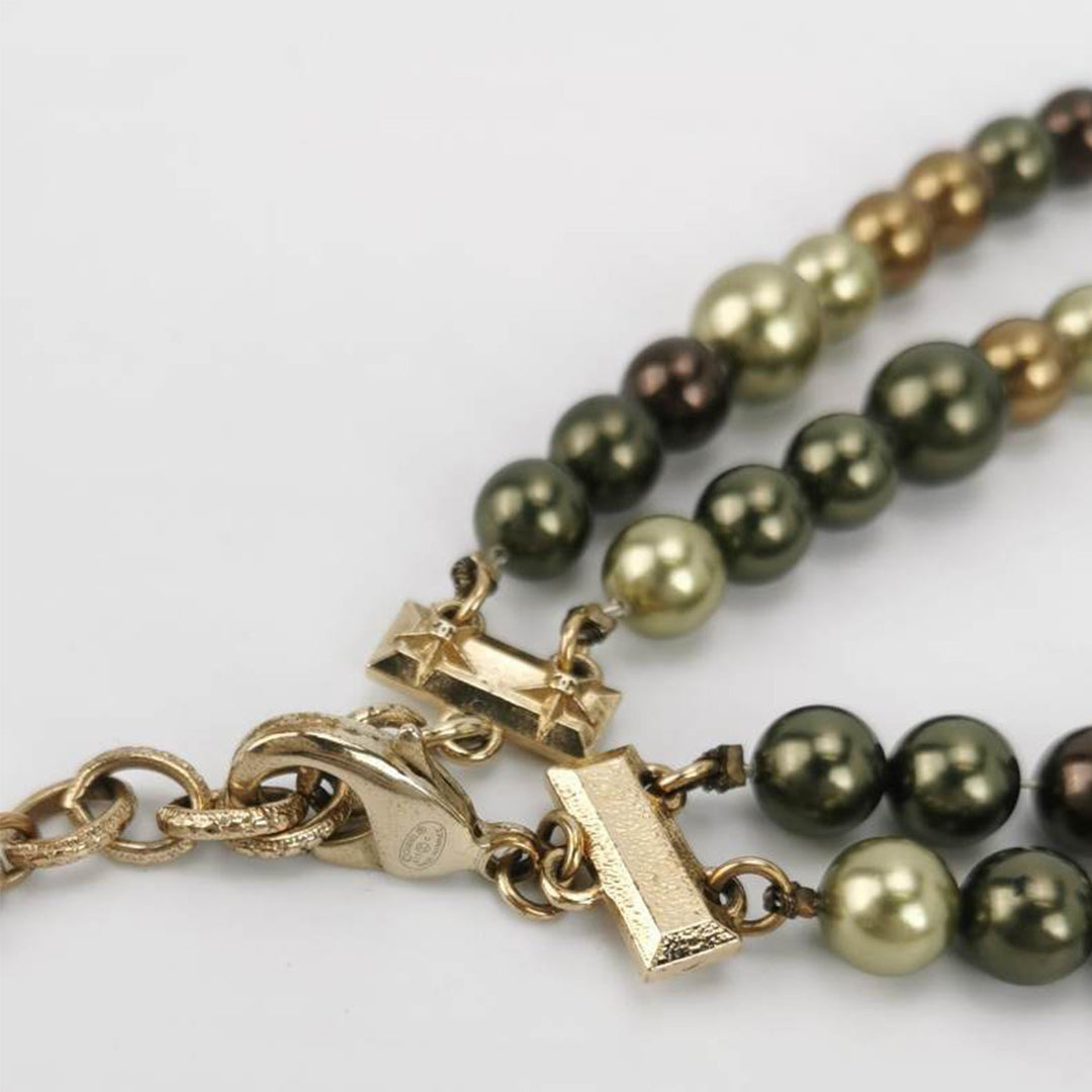 Chanel Pearl Star CC Multi Strand Long Necklace Green Gold