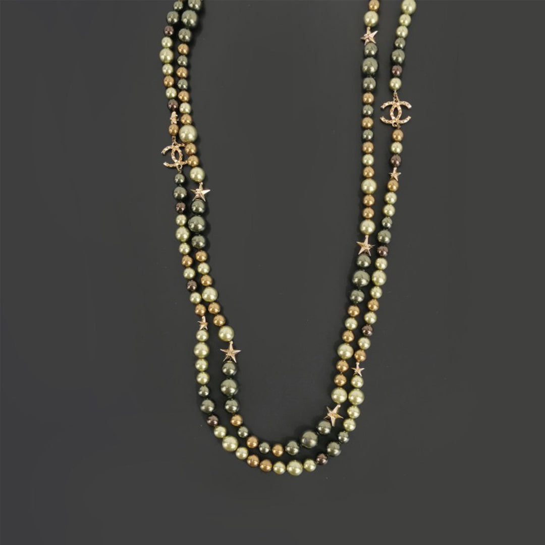 Chanel Pearl Star CC Multi Strand Long Necklace Green Gold