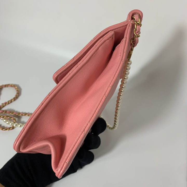 Chanel 2019 Pink Vertical Flap with Pearl Chain and Gold Hardware