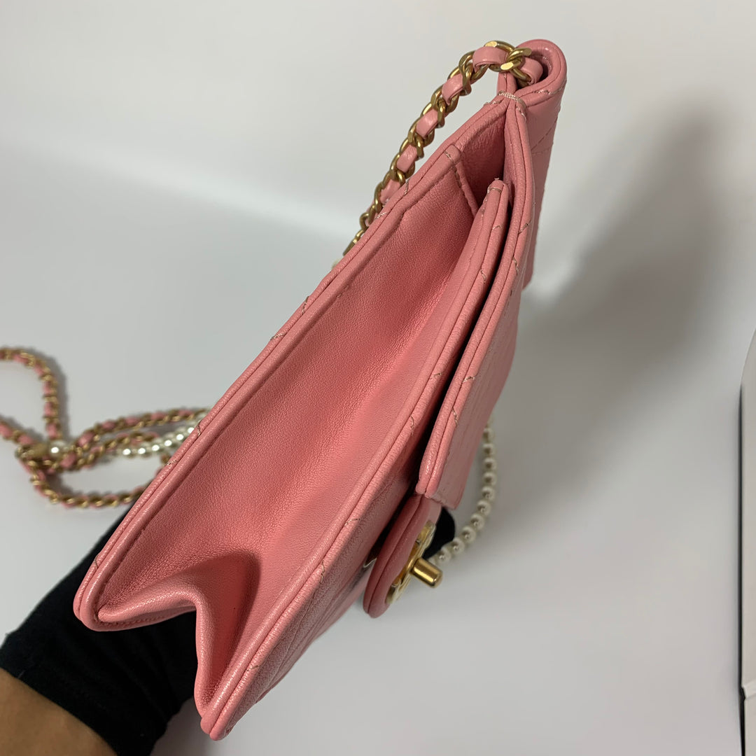 Chanel 2019 Pink Vertical Flap with Pearl Chain and Gold Hardware