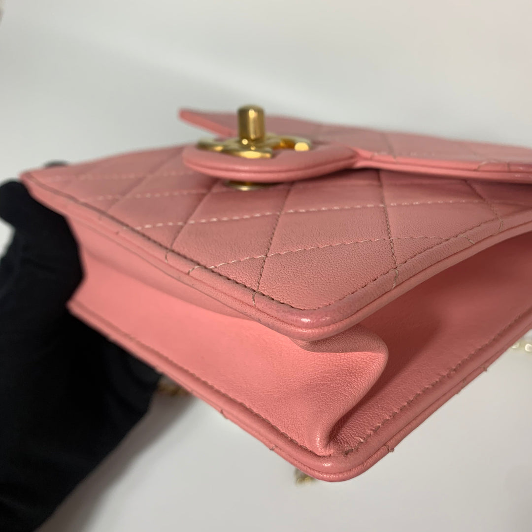 Chanel 2019 Pink Vertical Flap with Pearl Chain and Gold Hardware