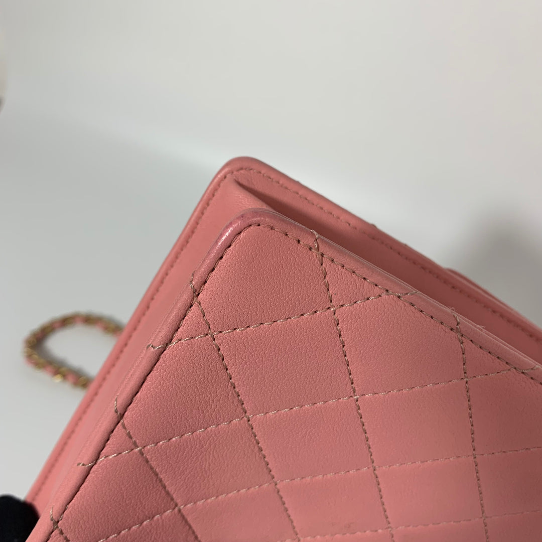 Chanel Pink Vertical Flap with Pearl Chain and Gold Hardware