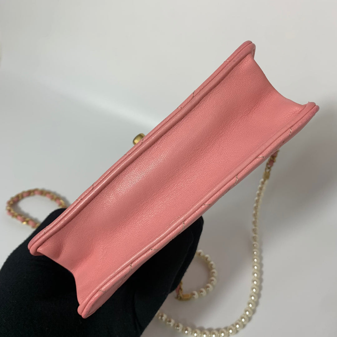 Chanel Pink Vertical Flap with Pearl Chain and Gold Hardware