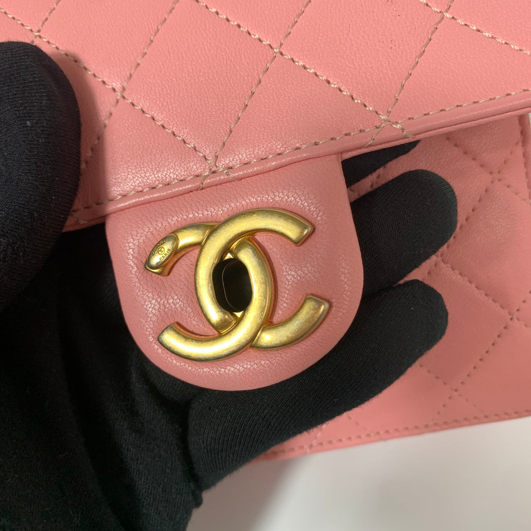 Chanel Pink Vertical Flap with Pearl Chain and Gold Hardware