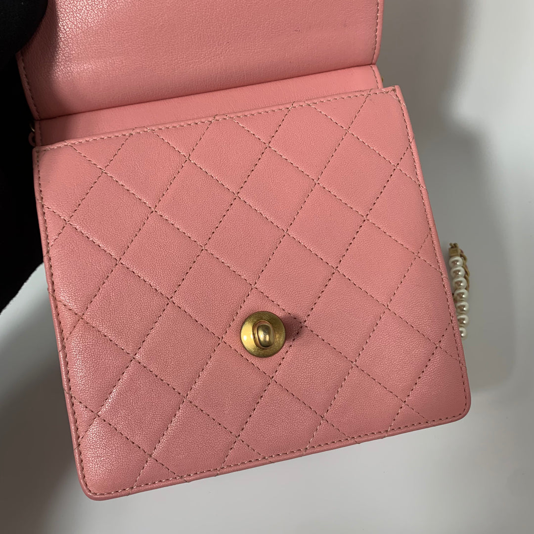 Chanel Pink Vertical Flap with Pearl Chain and Gold Hardware