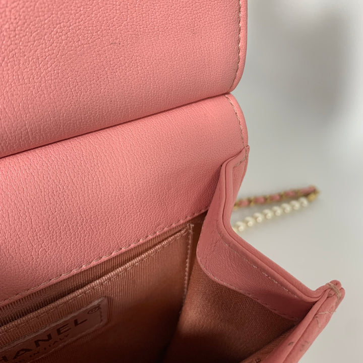 Chanel 2019 Pink Vertical Flap with Pearl Chain and Gold Hardware