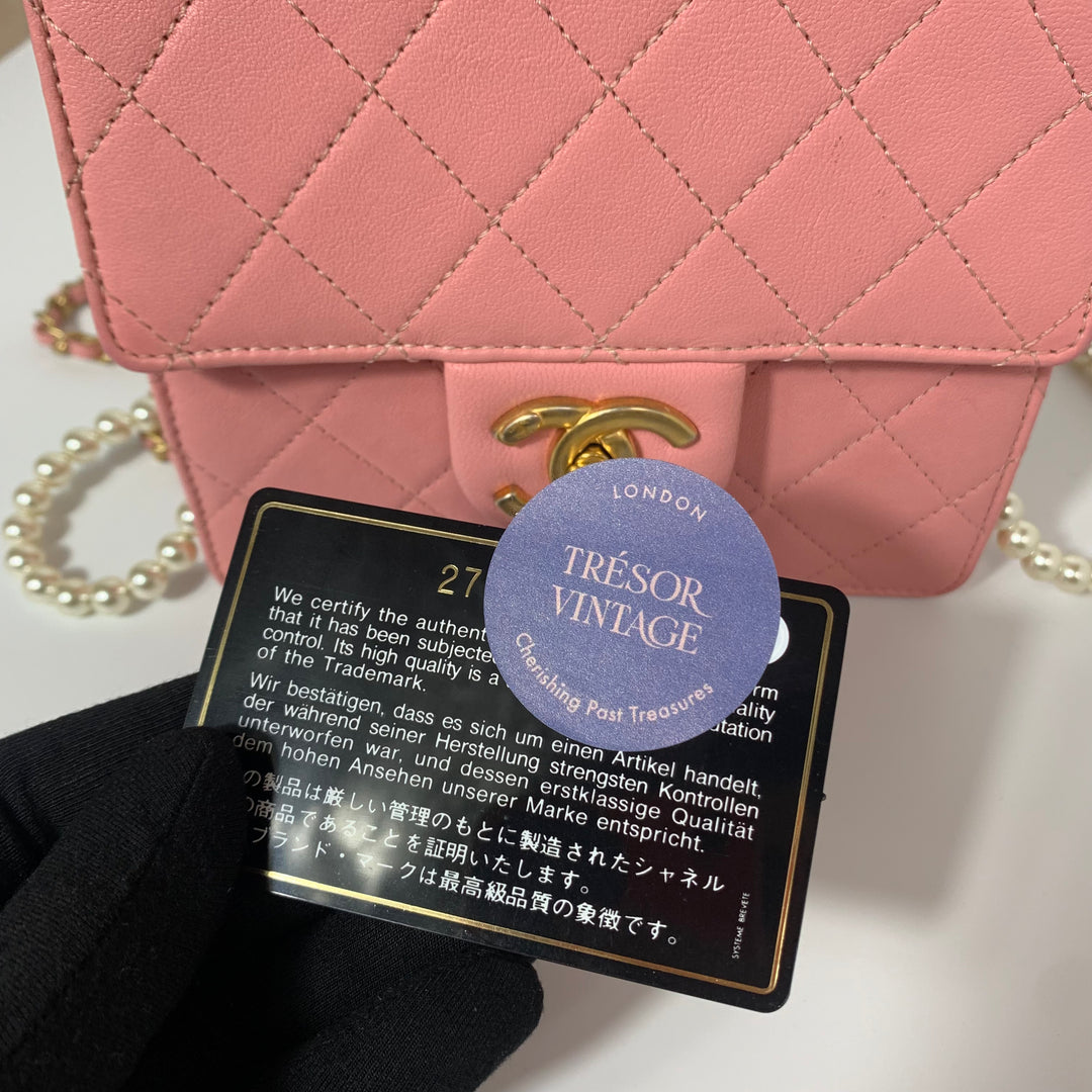 Chanel 2019 Pink Vertical Flap with Pearl Chain and Gold Hardware