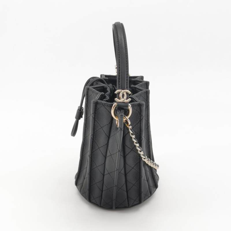 Chanel Pleated Mini Bucket Bag Black Smooth Leather Gold Hardware