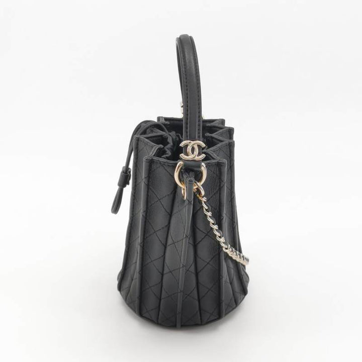 Chanel Pleated Mini Bucket Bag Black Smooth Leather Gold Hardware