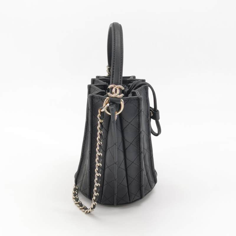 Chanel Pleated Mini Bucket Bag Black Smooth Leather Gold Hardware
