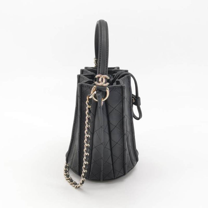 Chanel Pleated Mini Bucket Bag Black Smooth Leather Gold Hardware