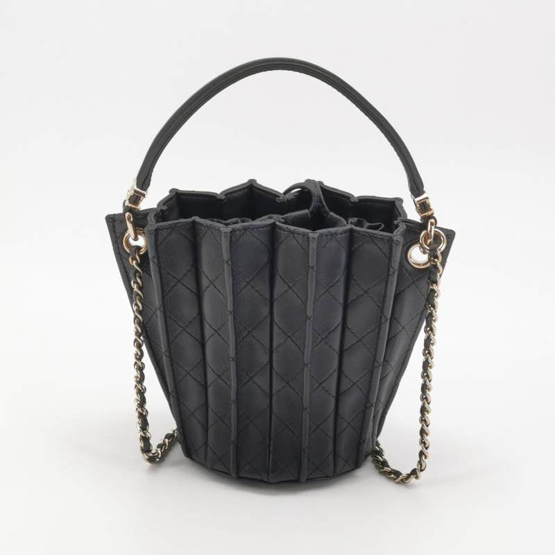 Chanel Pleated Mini Bucket Bag Black Smooth Leather Gold Hardware