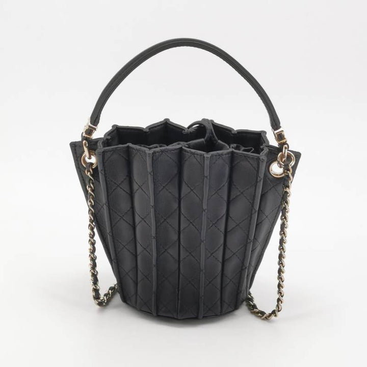 Chanel Pleated Mini Bucket Bag Black Smooth Leather Gold Hardware