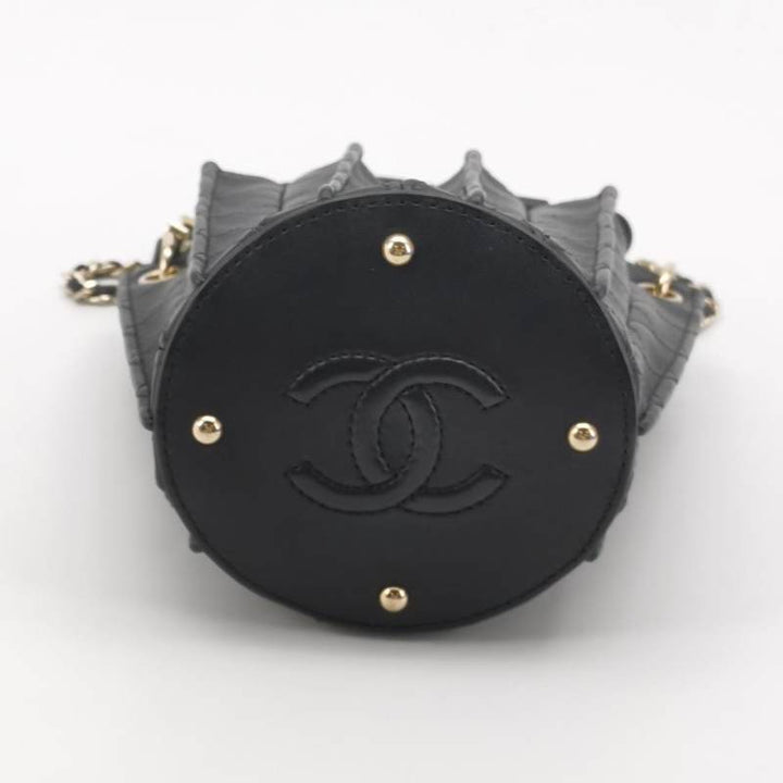 Chanel Pleated Mini Bucket Bag Black Smooth Leather Gold Hardware