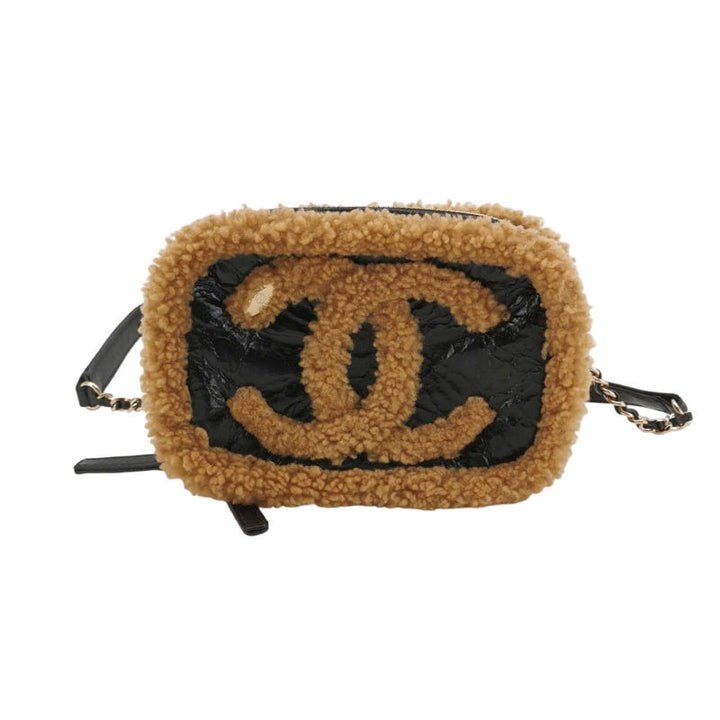 Chanel Small Black Crinkled Leather and Tan Shearling Big CC Belt Bag Gold Hardware