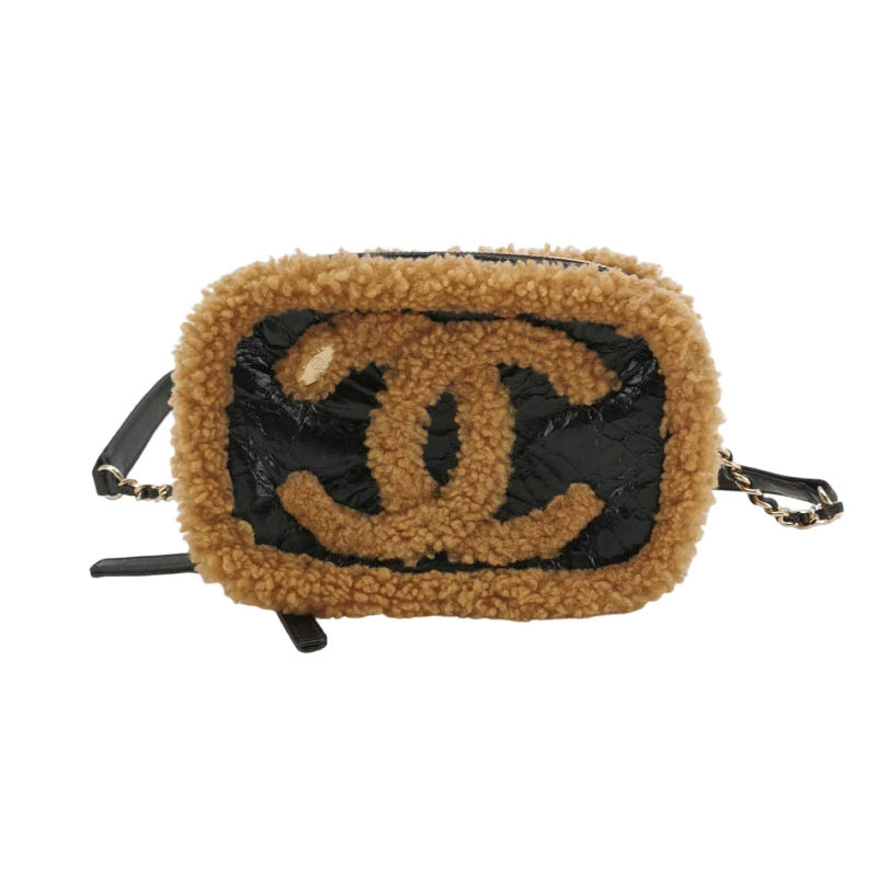 Chanel Small Black Crinkled Leather and Tan Shearling Big CC Belt Bag Gold Hardware