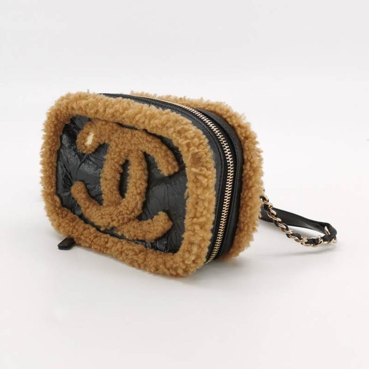 Chanel Small Black Crinkled Leather and Tan Shearling Big CC Belt Bag Gold Hardware