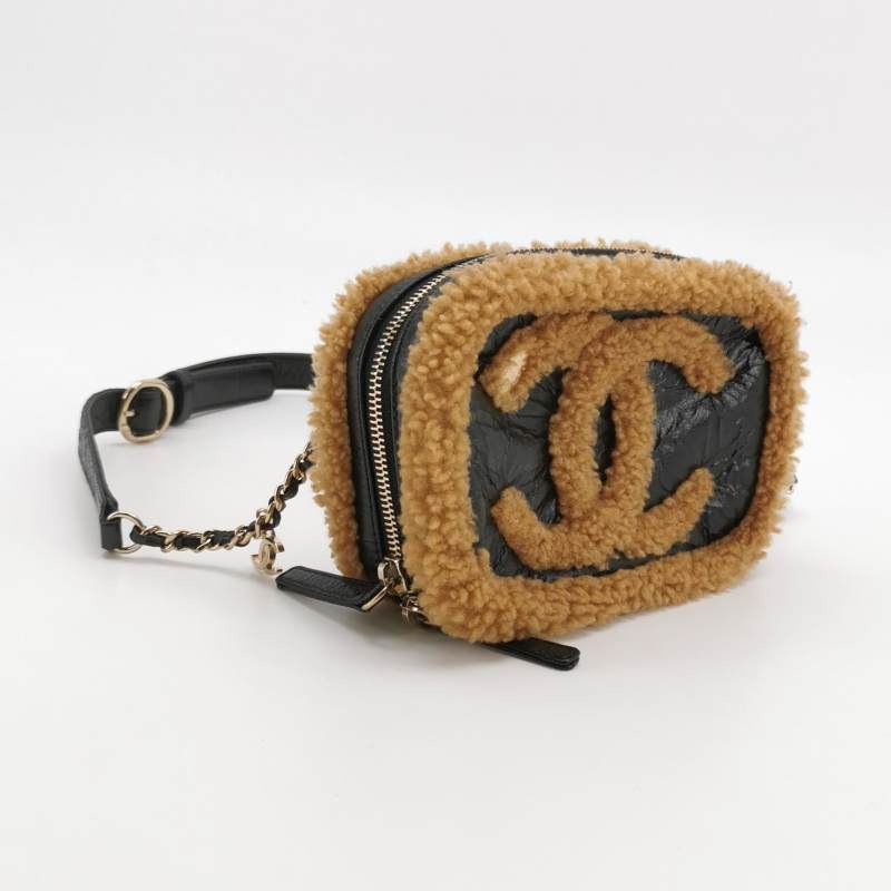 Chanel Small Black Crinkled Leather and Tan Shearling Big CC Belt Bag Gold Hardware