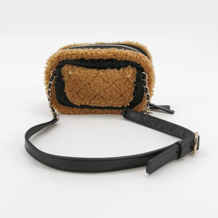Chanel Small Black Crinkled Leather and Tan Shearling Big CC Belt Bag Gold Hardware