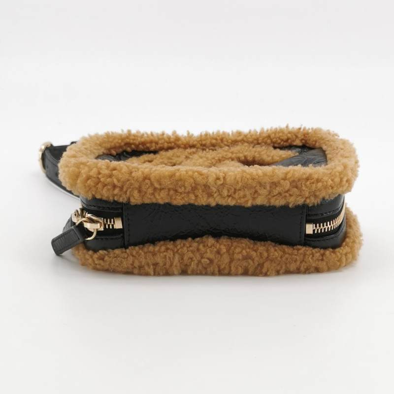Chanel Small Black Crinkled Leather and Tan Shearling Big CC Belt Bag Gold Hardware