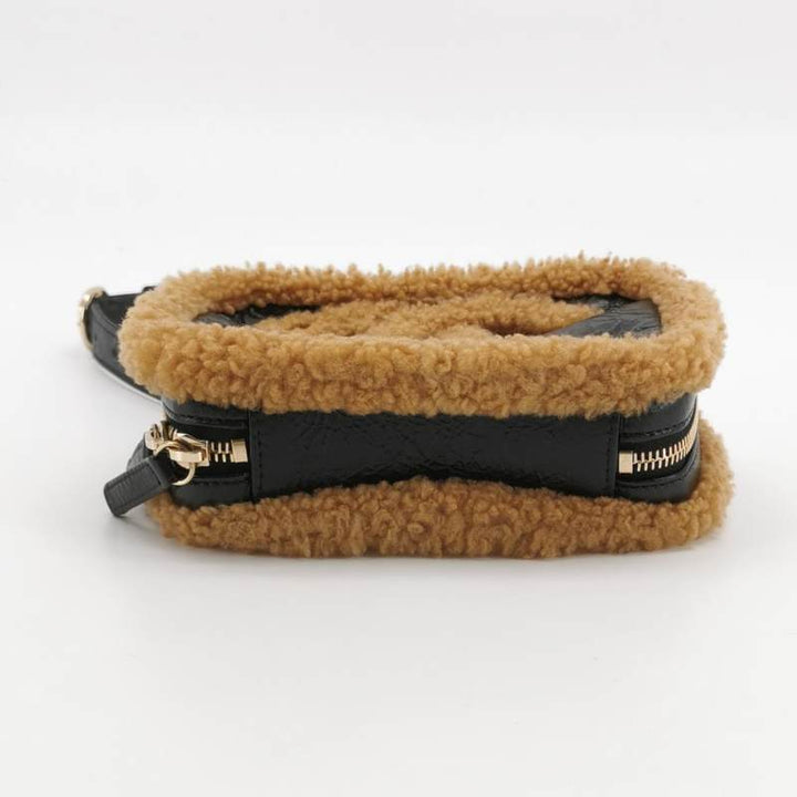 Chanel Small Black Crinkled Leather and Tan Shearling Big CC Belt Bag Gold Hardware