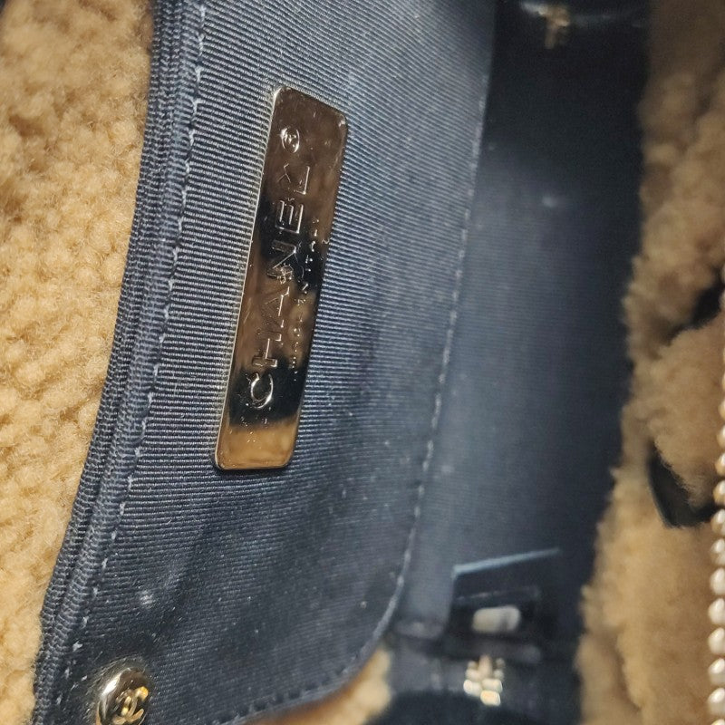 Chanel Small Black Crinkled Leather and Tan Shearling Big CC Belt Bag Gold Hardware