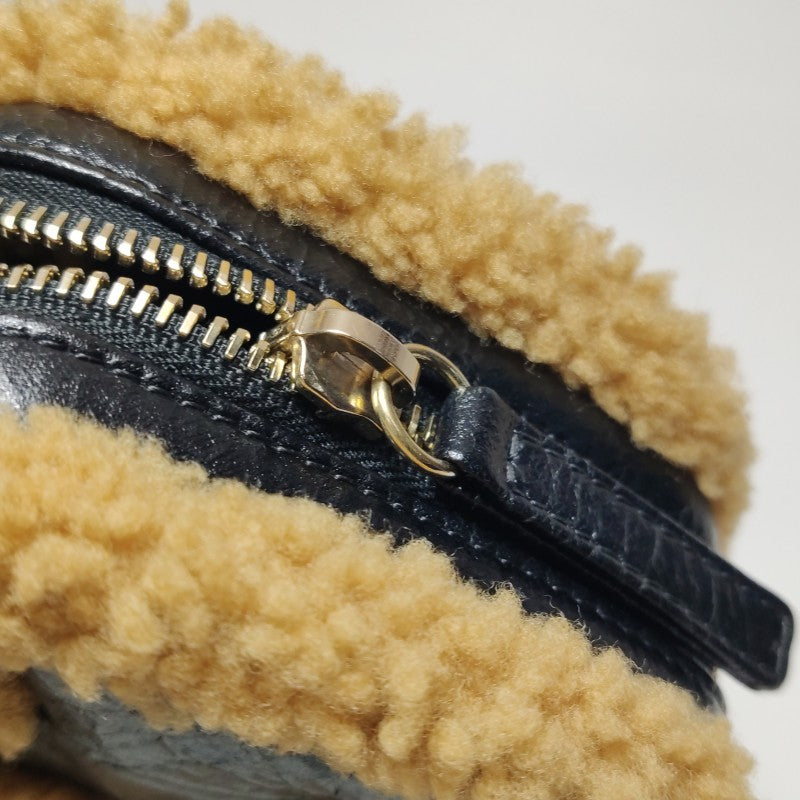 Chanel Small Black Crinkled Leather and Tan Shearling Big CC Belt Bag Gold Hardware