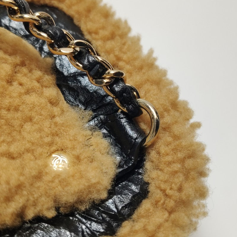 Chanel Small Black Crinkled Leather and Tan Shearling Big CC Belt Bag Gold Hardware