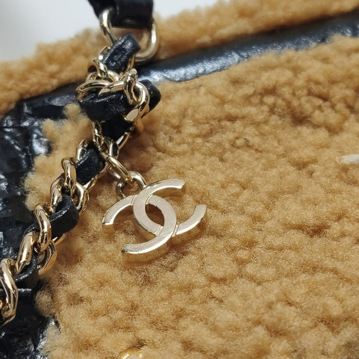 Chanel Small Black Crinkled Leather and Tan Shearling Big CC Belt Bag Gold Hardware