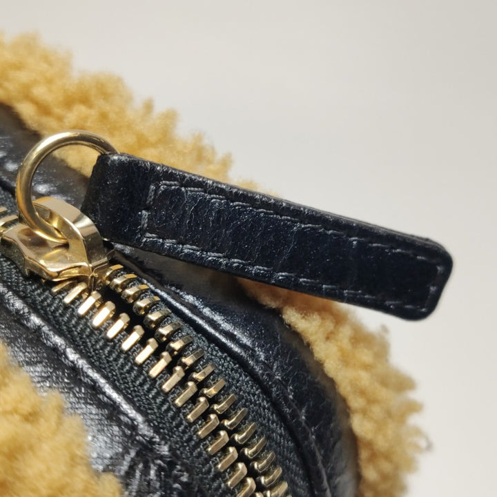 Chanel Small Black Crinkled Leather and Tan Shearling Big CC Belt Bag Gold Hardware