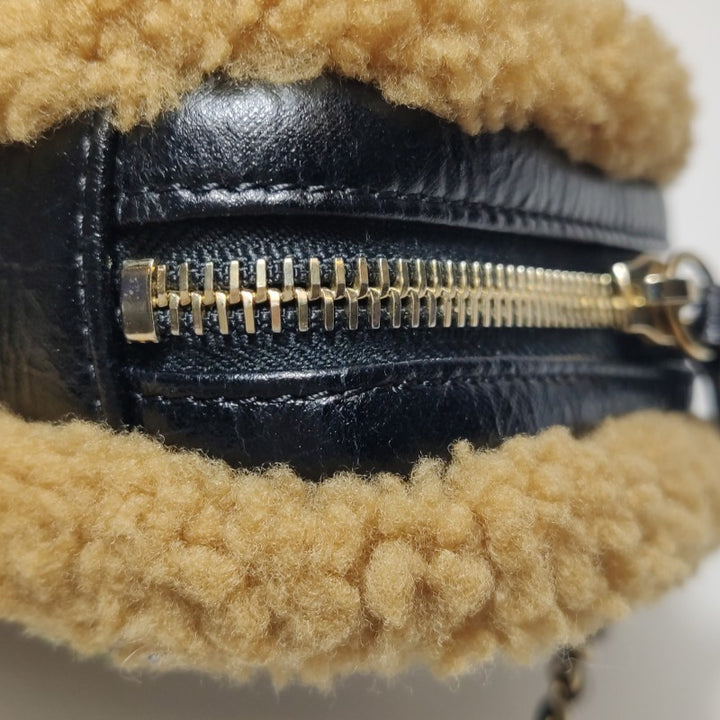 Chanel Small Black Crinkled Leather and Tan Shearling Big CC Belt Bag Gold Hardware