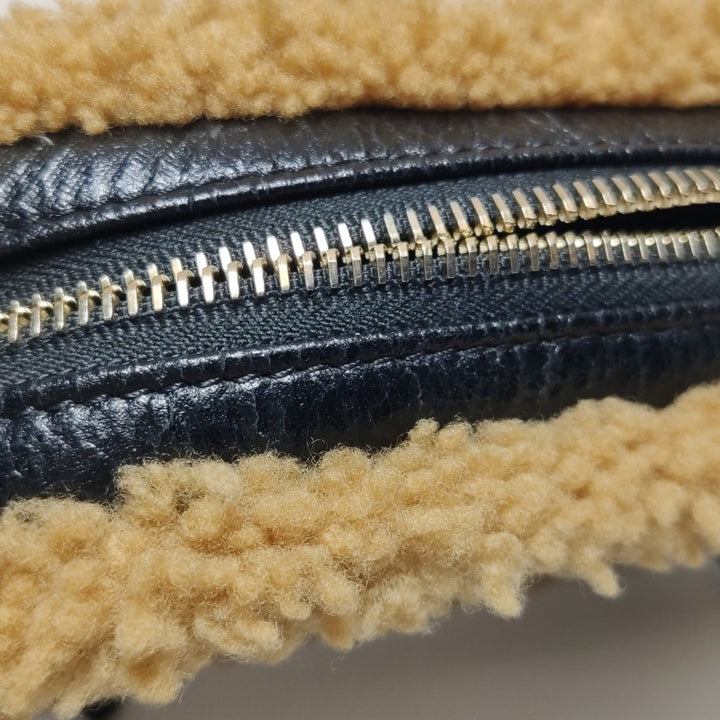 Chanel Small Black Crinkled Leather and Tan Shearling Big CC Belt Bag Gold Hardware