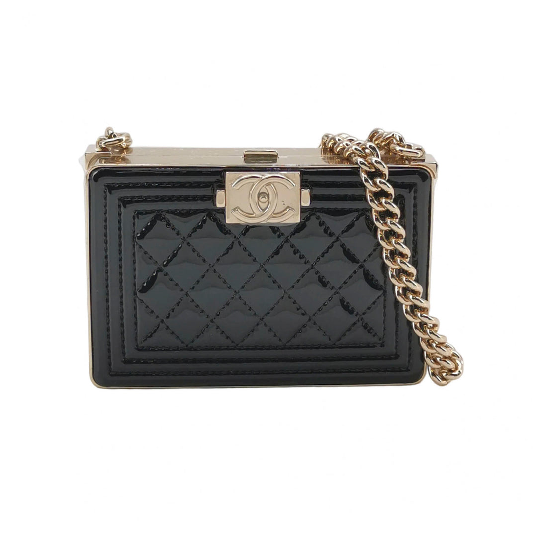 Chanel Boy Minaudiere Micro Box Clutch Black Patent Calfskin Gold Hardware